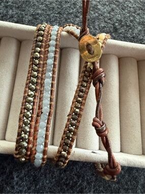 Chan Luu Layered Leather Wrap Bracelet with Metallic & White Beads